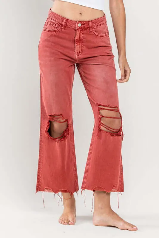 90s Vintage Red Distressed Crop Flare Jeans
