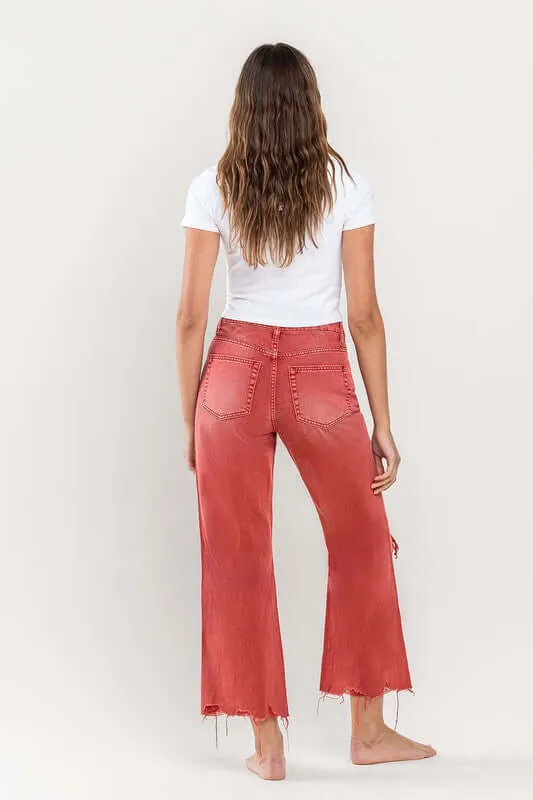 90s Vintage Red Distressed Crop Flare Jeans