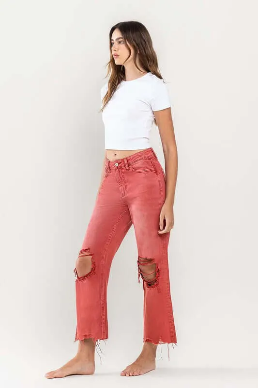90s Vintage Red Distressed Crop Flare Jeans