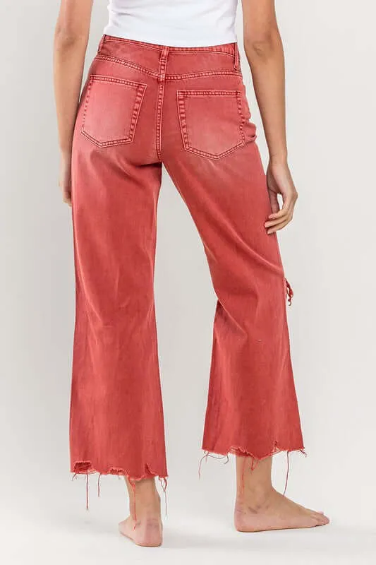 90s Vintage Red Distressed Crop Flare Jeans