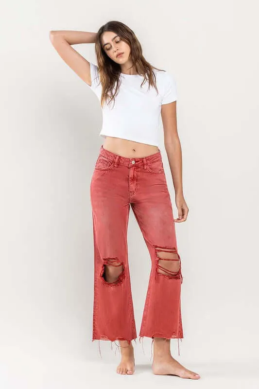 90s Vintage Red Distressed Crop Flare Jeans