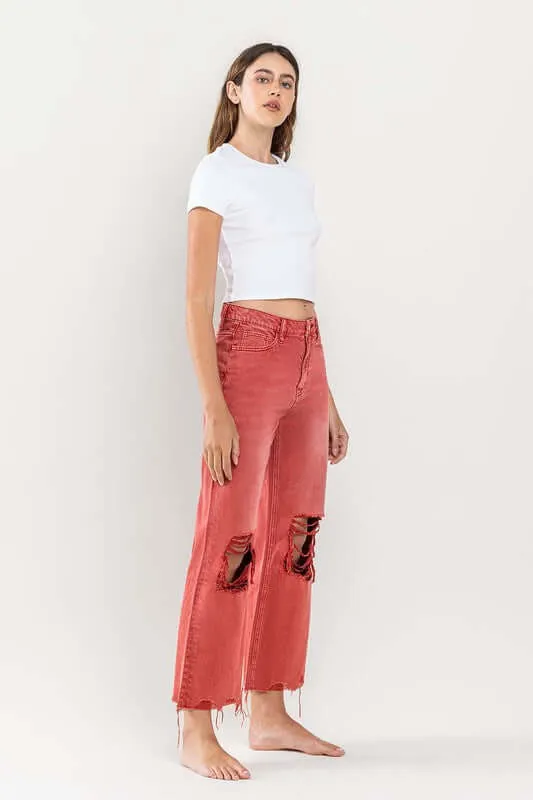 90s Vintage Red Distressed Crop Flare Jeans