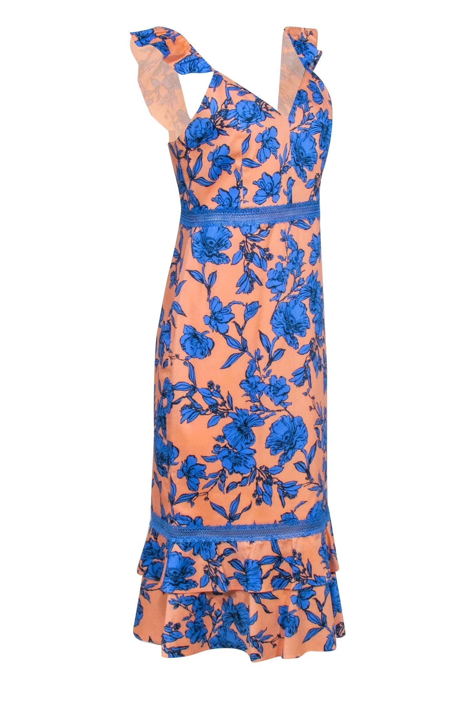Alice & Olivia - Peach & Blue Floral Sleeveless Midi Dress Sz 10
