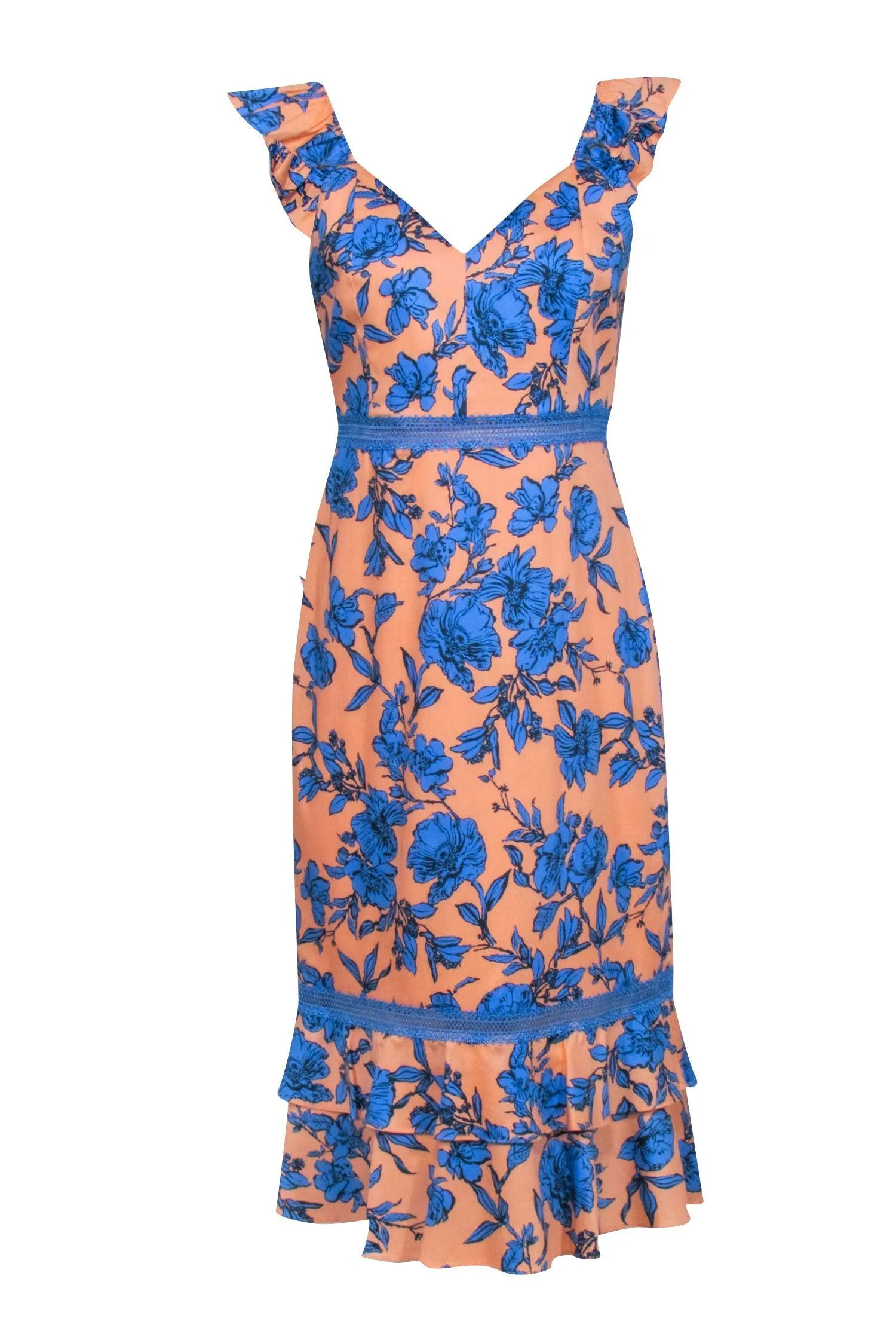 Alice & Olivia - Peach & Blue Floral Sleeveless Midi Dress Sz 10