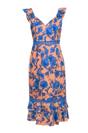 Alice & Olivia - Peach & Blue Floral Sleeveless Midi Dress Sz 10