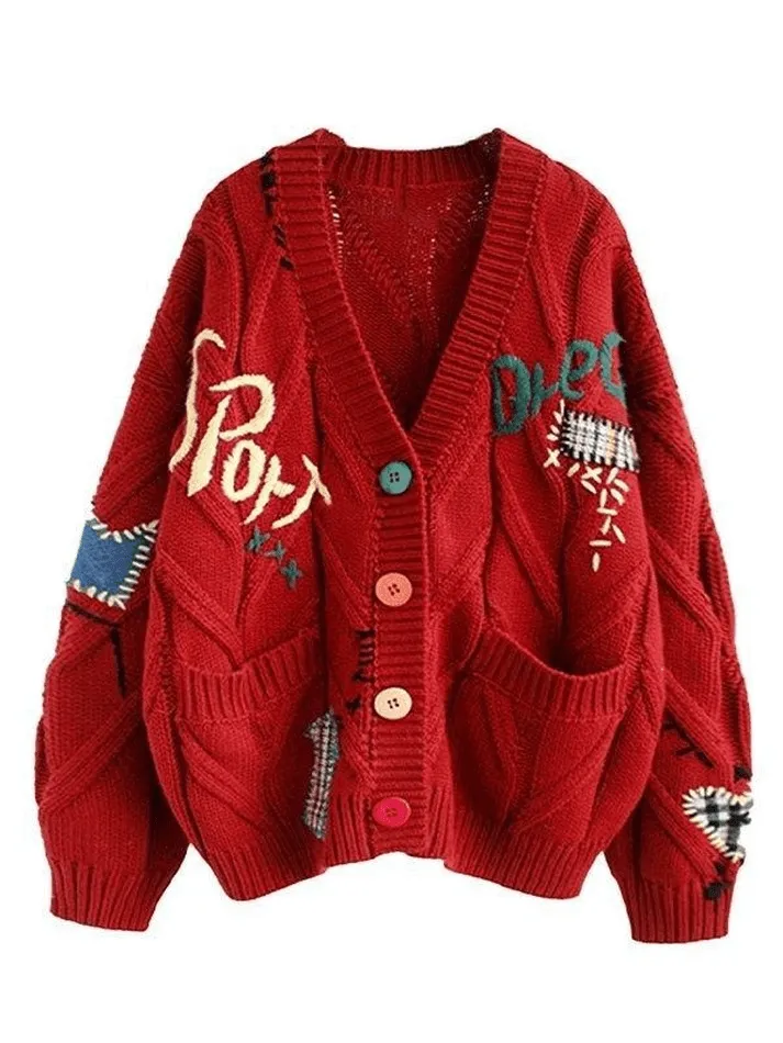 Back To School Sonicelife Oversized Embroidery Knit Cardigan