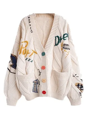 Back To School Sonicelife Oversized Embroidery Knit Cardigan