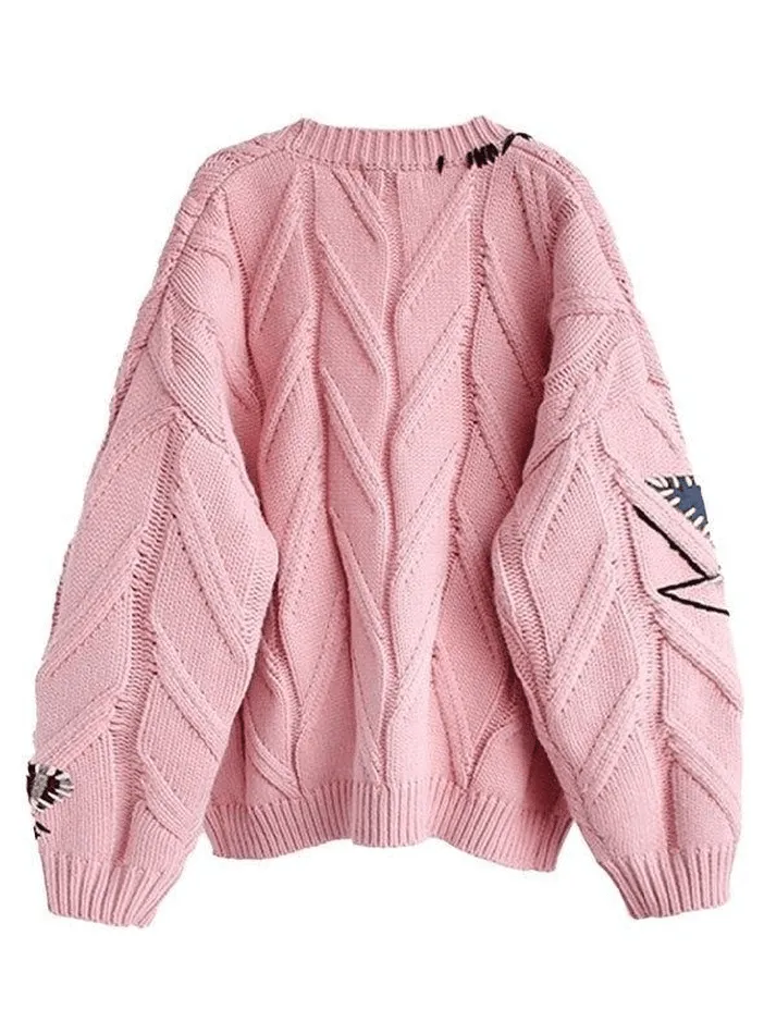 Back To School Sonicelife Oversized Embroidery Knit Cardigan