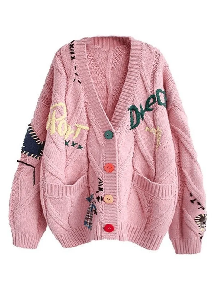 Back To School Sonicelife Oversized Embroidery Knit Cardigan