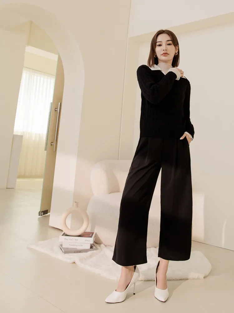 Basic Wrinkle Free Elastic Waist Long Culottes Wide Leg Pants