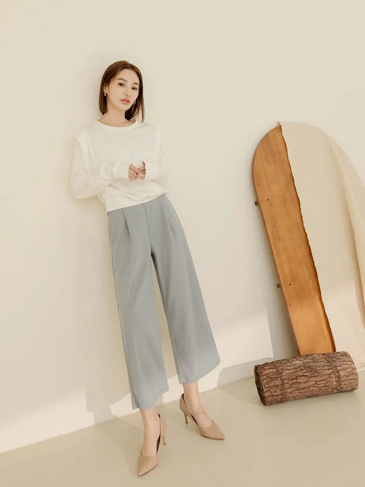 Basic Wrinkle Free Elastic Waist Long Culottes Wide Leg Pants