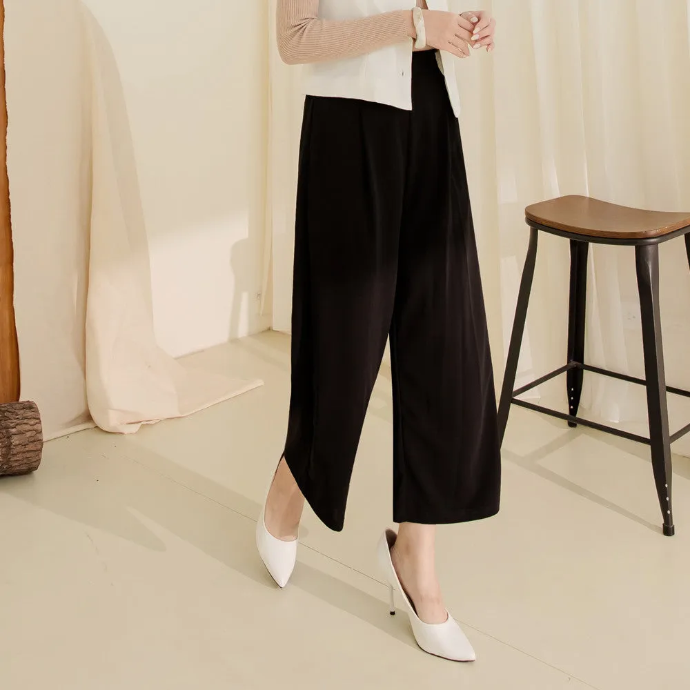 Basic Wrinkle Free Elastic Waist Long Culottes Wide Leg Pants