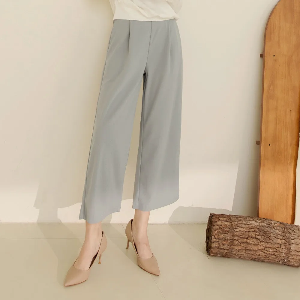 Basic Wrinkle Free Elastic Waist Long Culottes Wide Leg Pants
