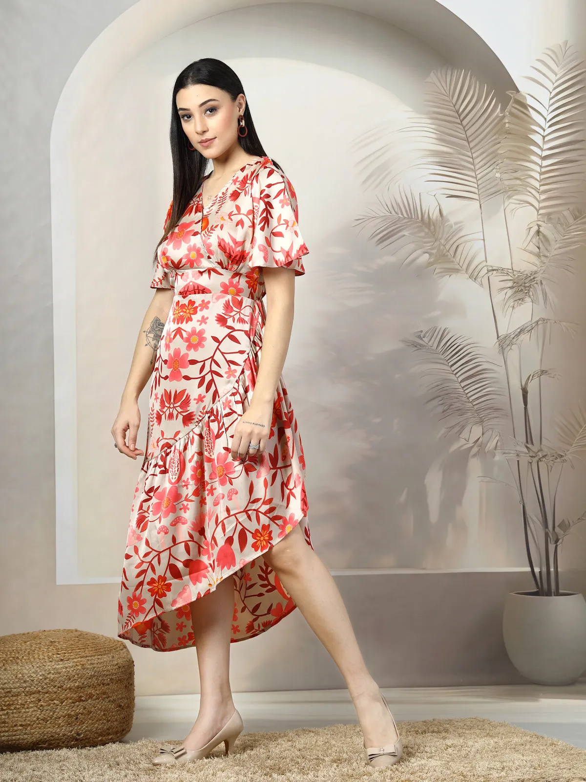 Beige Floral Print A-Line Midi Dress