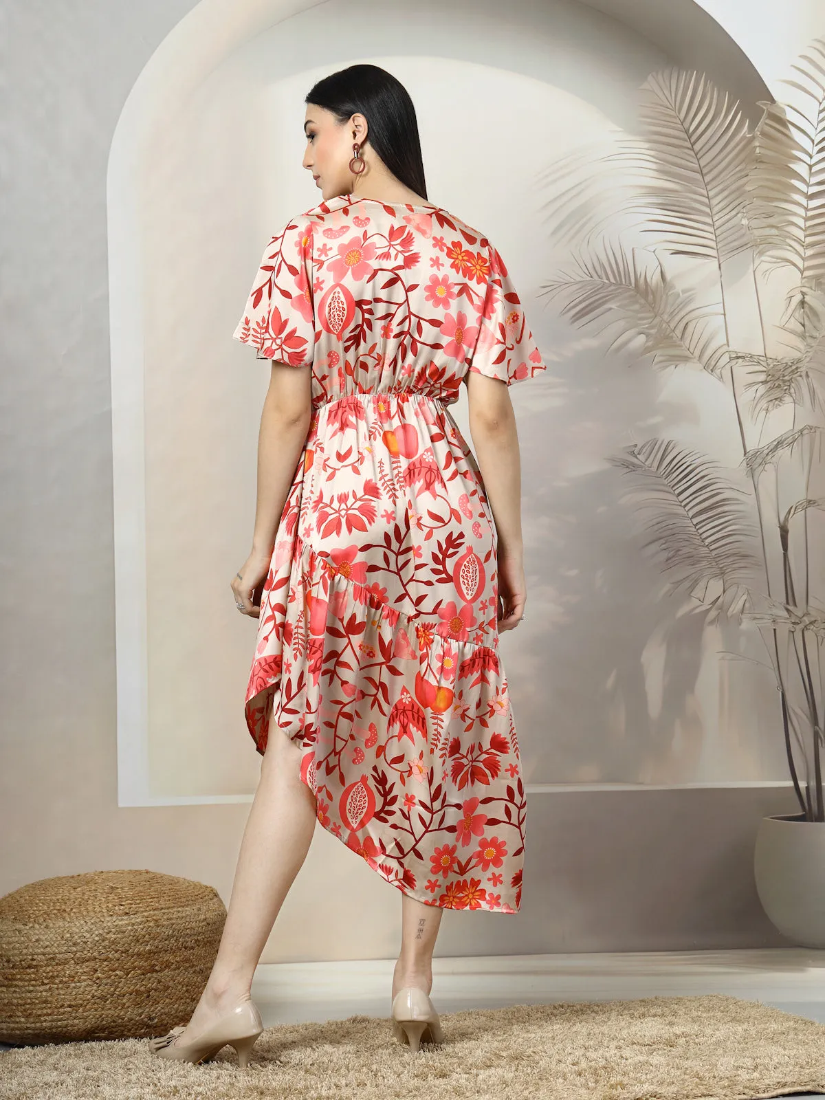 Beige Floral Print A-Line Midi Dress