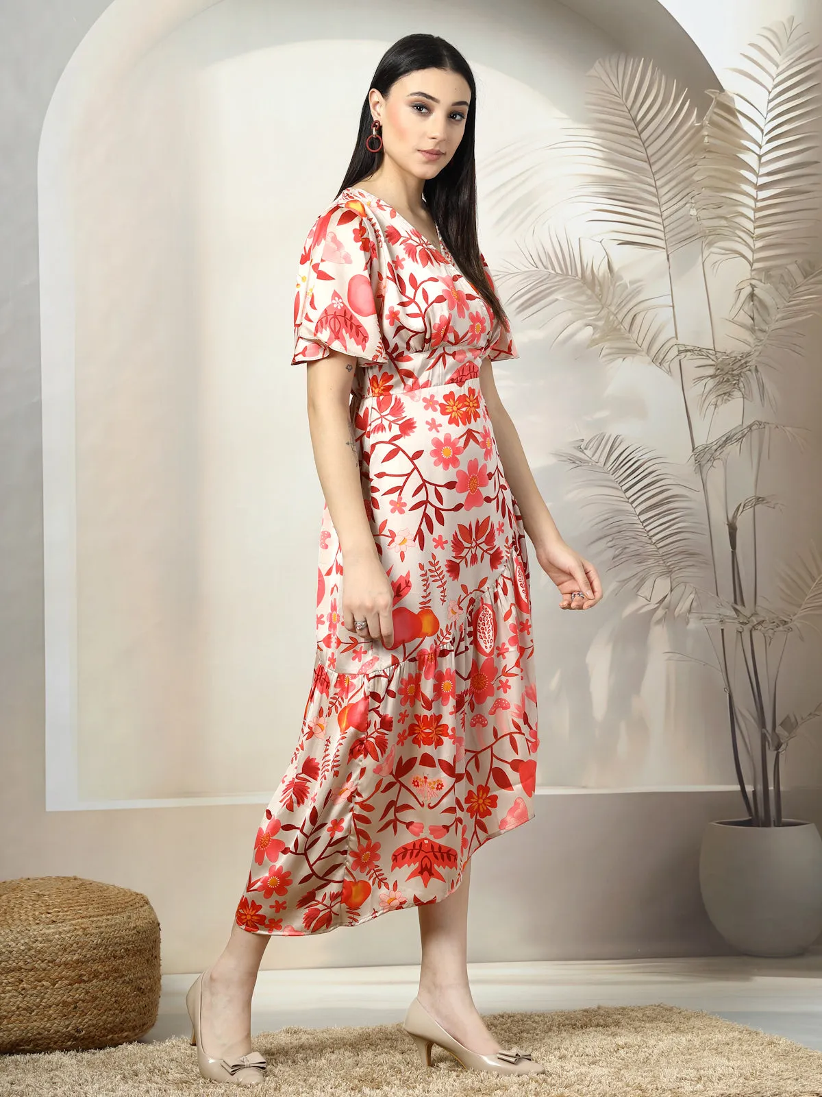 Beige Floral Print A-Line Midi Dress