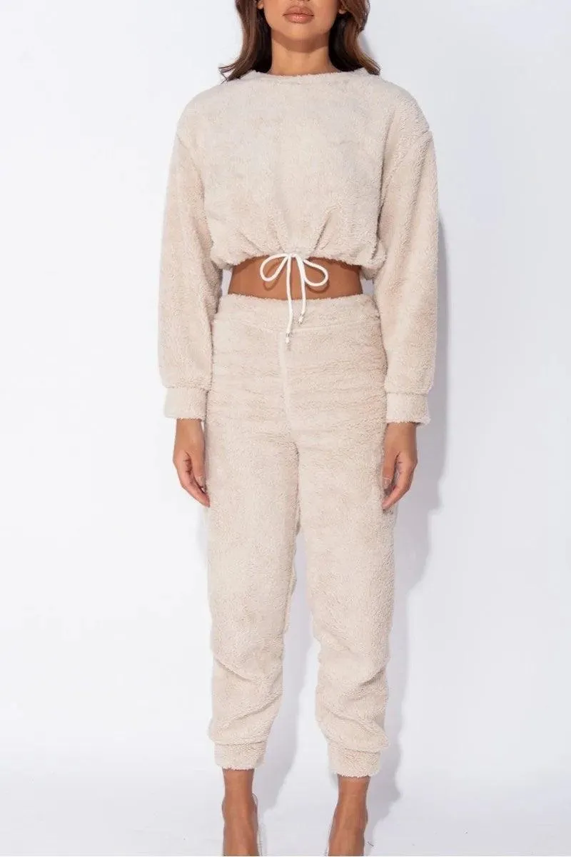 BEIGE TEDDY BORG CROPPED TOP
