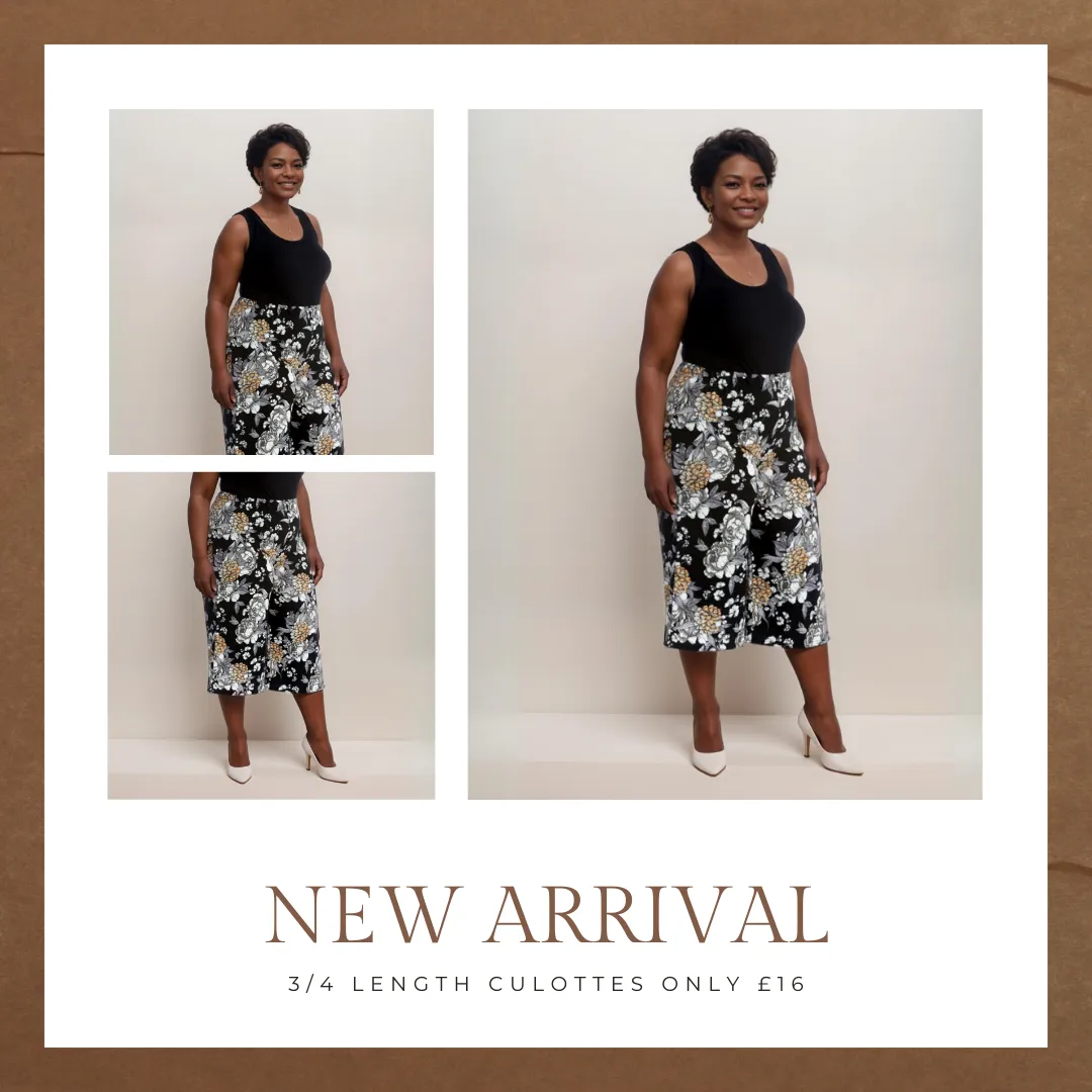 BLACK FLORAL 3/4 LENGTH ELASTIC WAIST CULOTTES