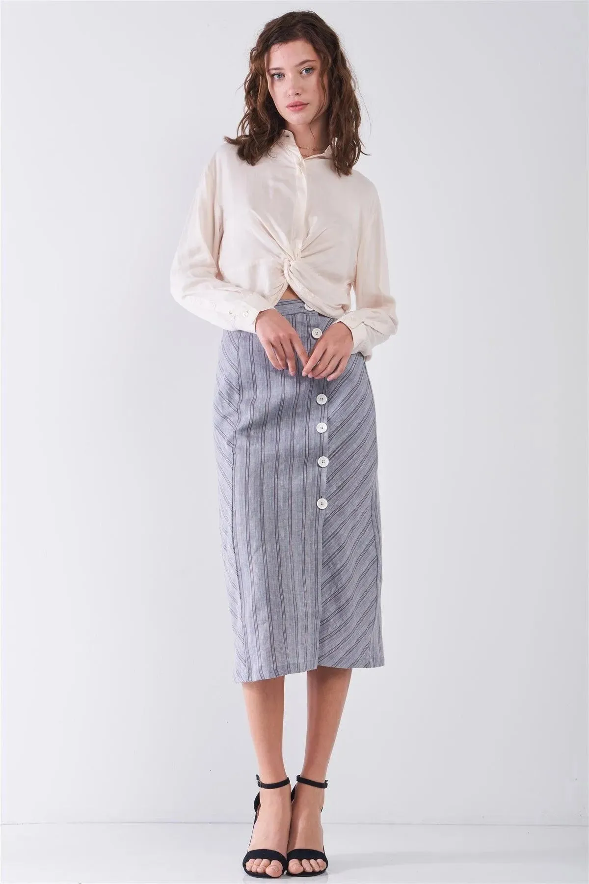Blue-Grey Striped High Waist Side Button-Down Trim Slit Detail Pencil Fit Linen Midi Skirt /3-2-1