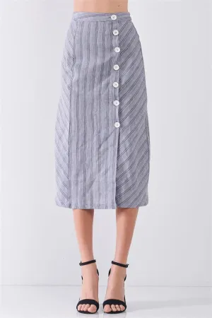 Blue-Grey Striped High Waist Side Button-Down Trim Slit Detail Pencil Fit Linen Midi Skirt /3-2-1