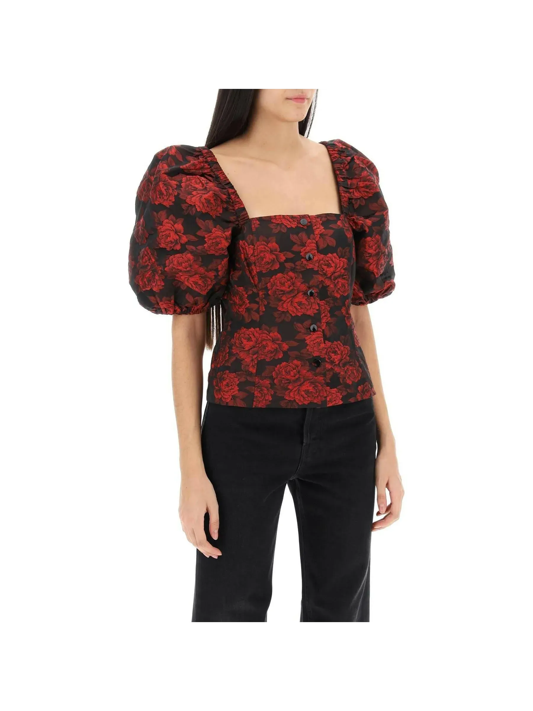 Botanical Jacquard Puff Sleeve Top