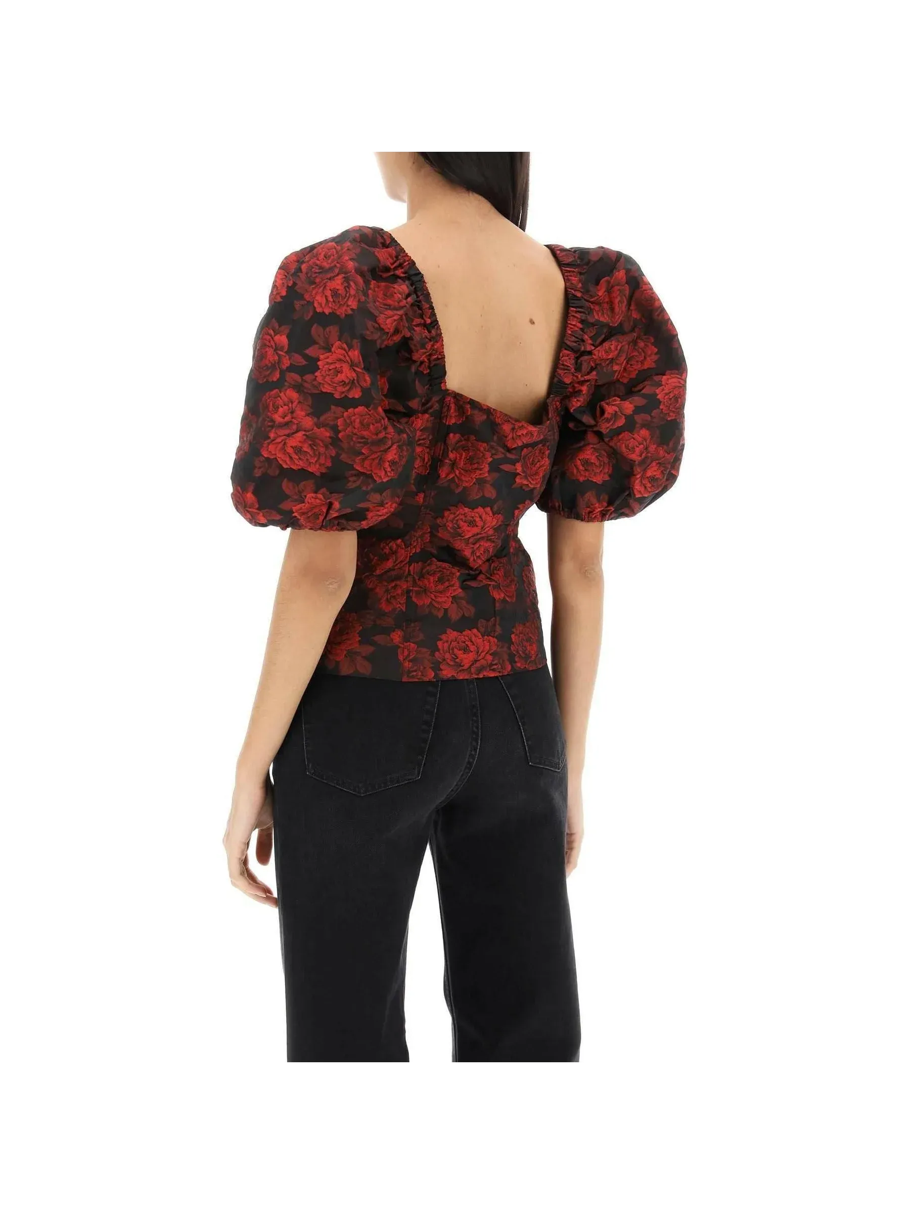 Botanical Jacquard Puff Sleeve Top
