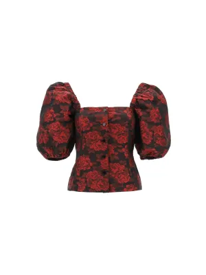 Botanical Jacquard Puff Sleeve Top