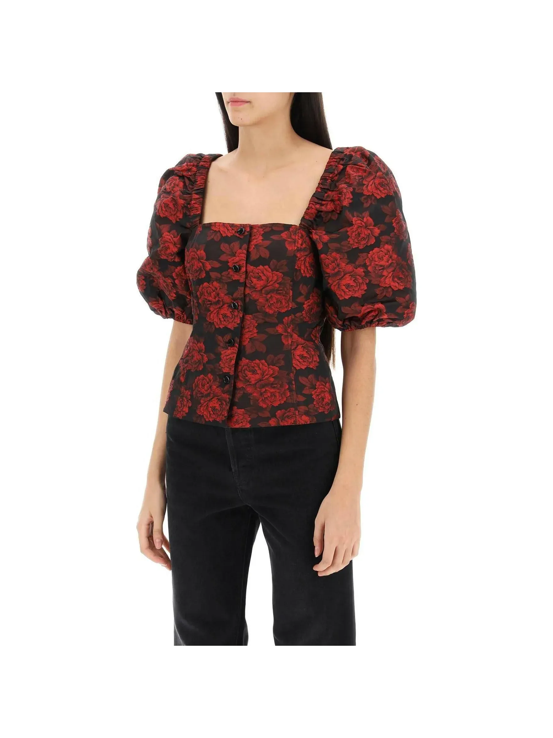 Botanical Jacquard Puff Sleeve Top