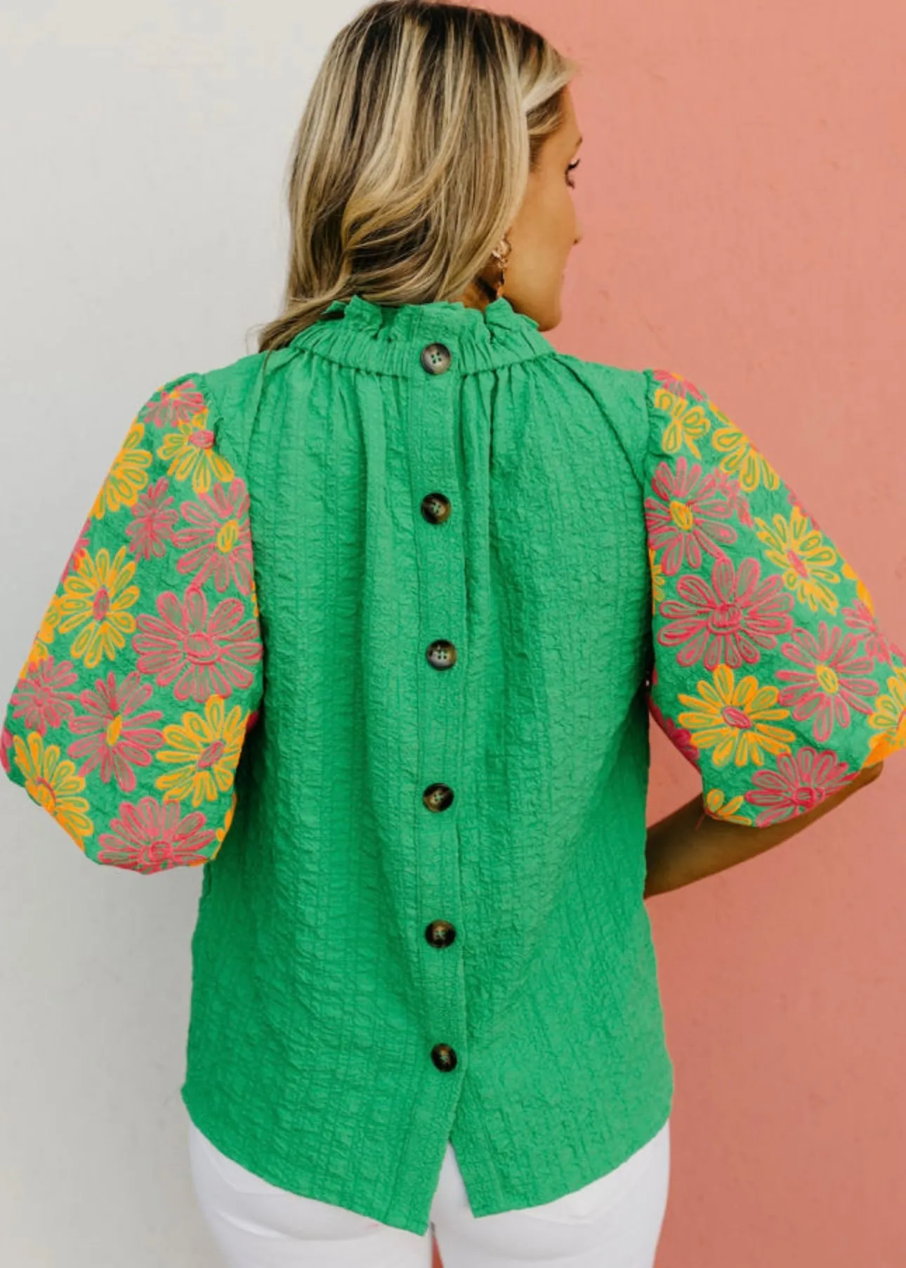 Bright Green Floral Puff Sleeve Top