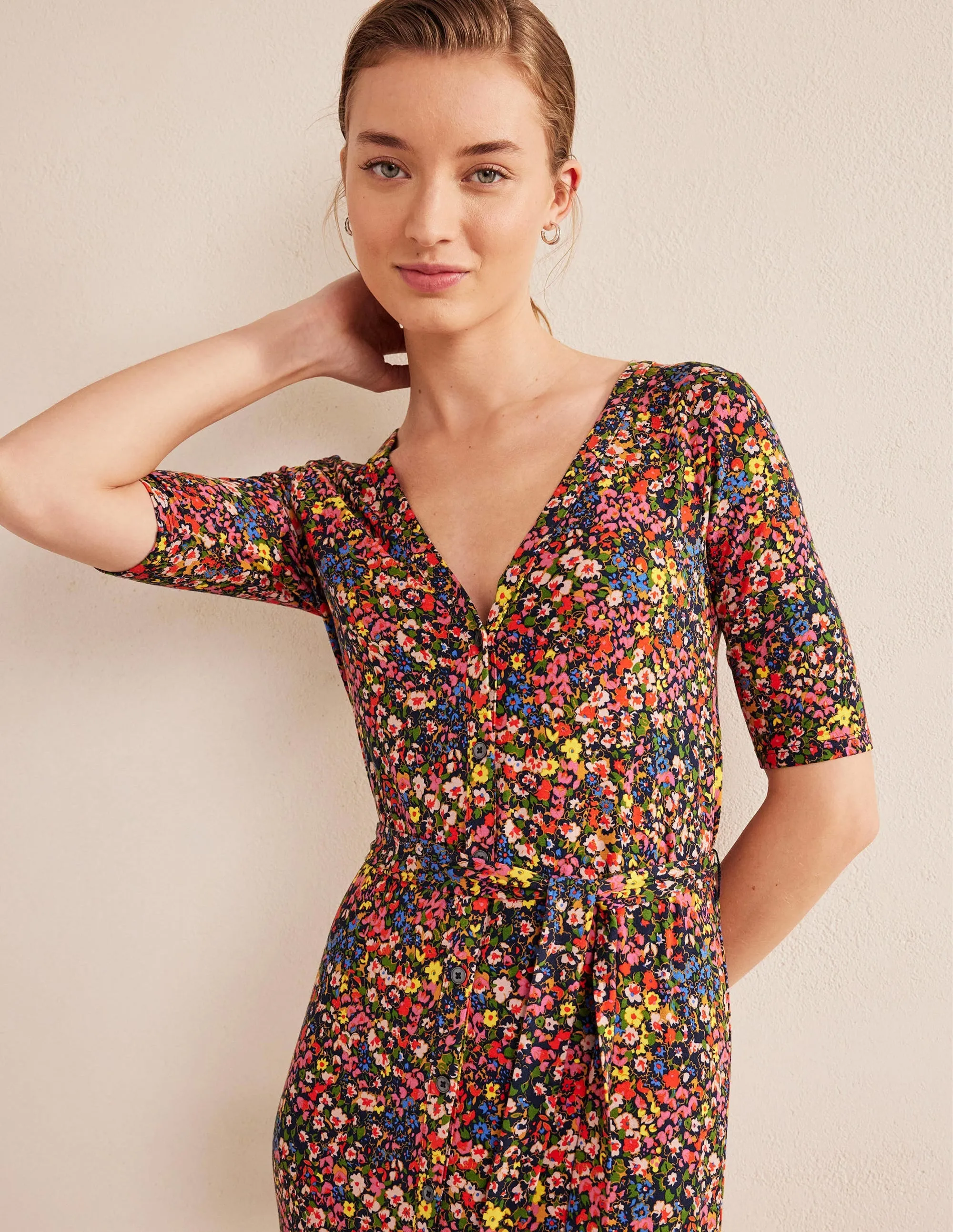 Button Front Jersey Midi Dress-Multi, Gardenia Petal