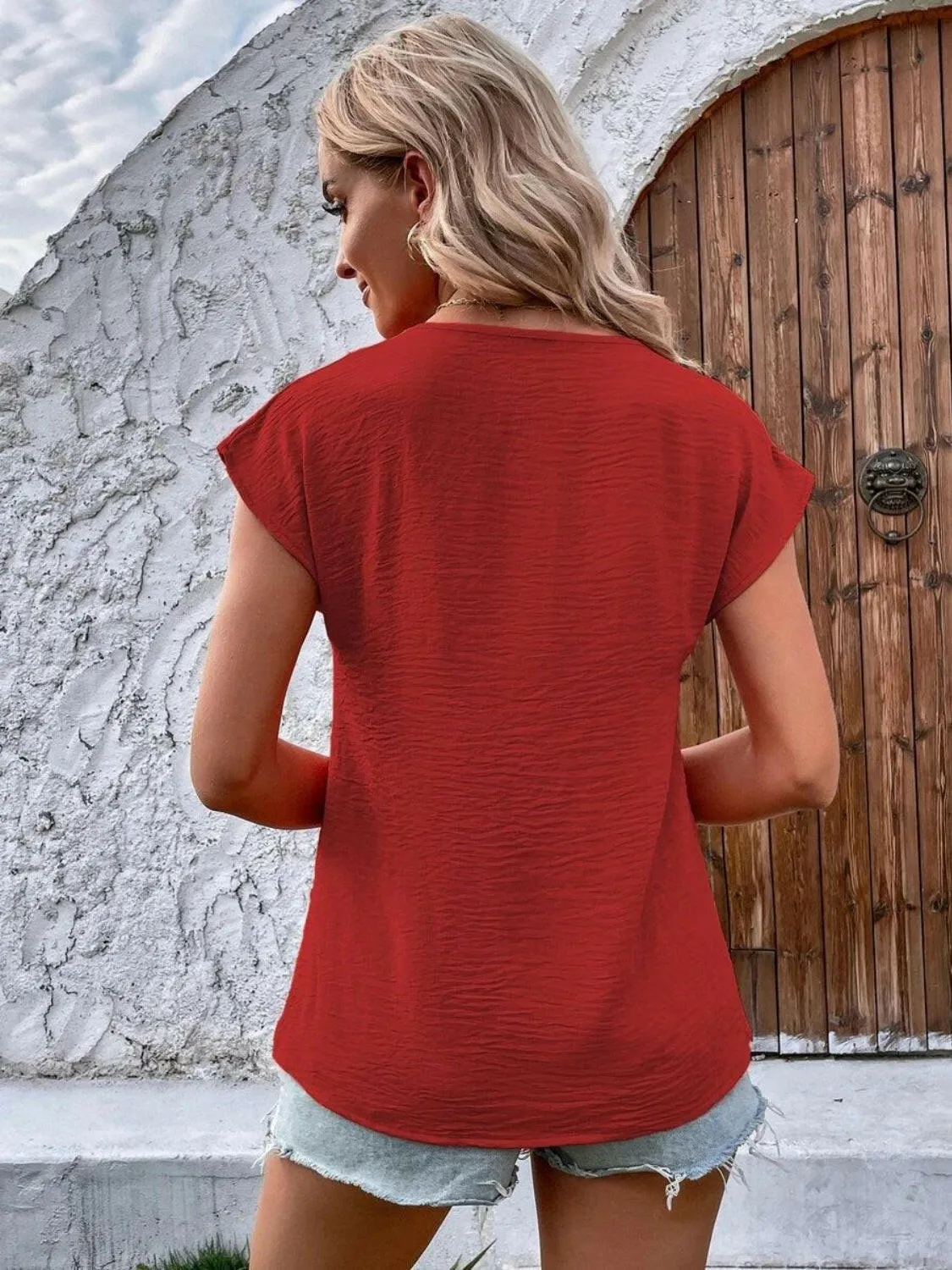 Button V-Neck Short Sleeve Blouse