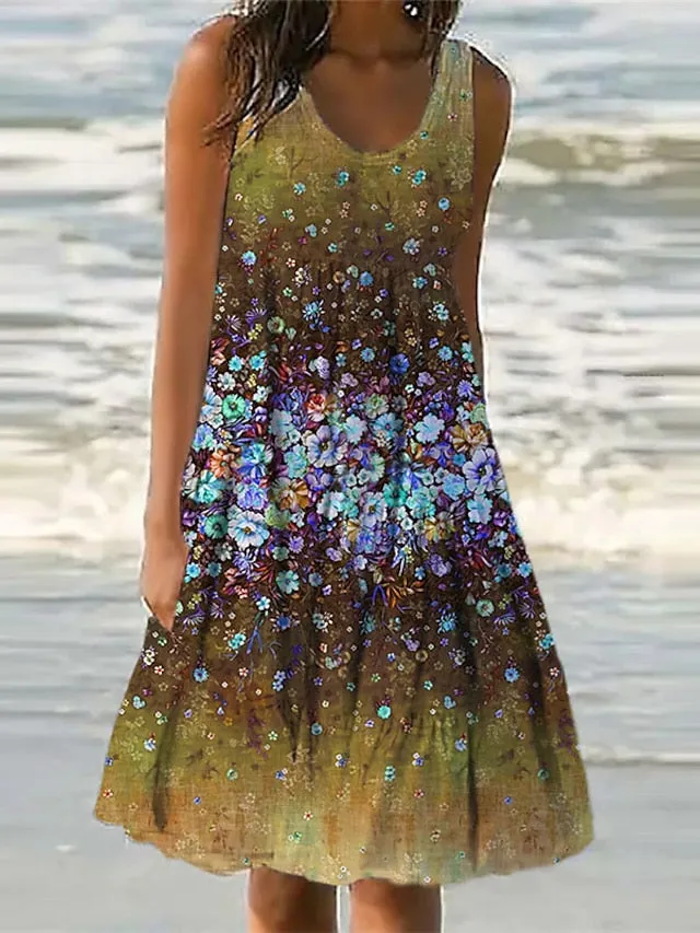 Casual Dress Shift Dress Sundress Midi Dress Yellow Wine Blue Sleeveless Floral Pocket Spring Summer U Neck Vacation  S M L XL XXL 3XL for Women