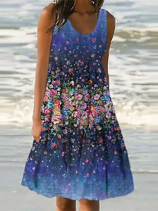 Casual Dress Shift Dress Sundress Midi Dress Yellow Wine Blue Sleeveless Floral Pocket Spring Summer U Neck Vacation  S M L XL XXL 3XL for Women