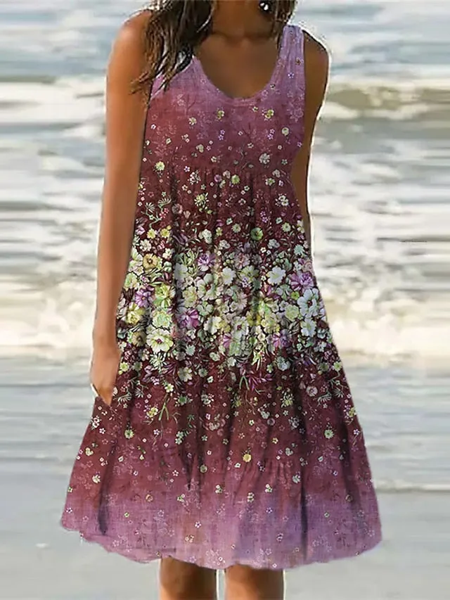 Casual Dress Shift Dress Sundress Midi Dress Yellow Wine Blue Sleeveless Floral Pocket Spring Summer U Neck Vacation  S M L XL XXL 3XL for Women