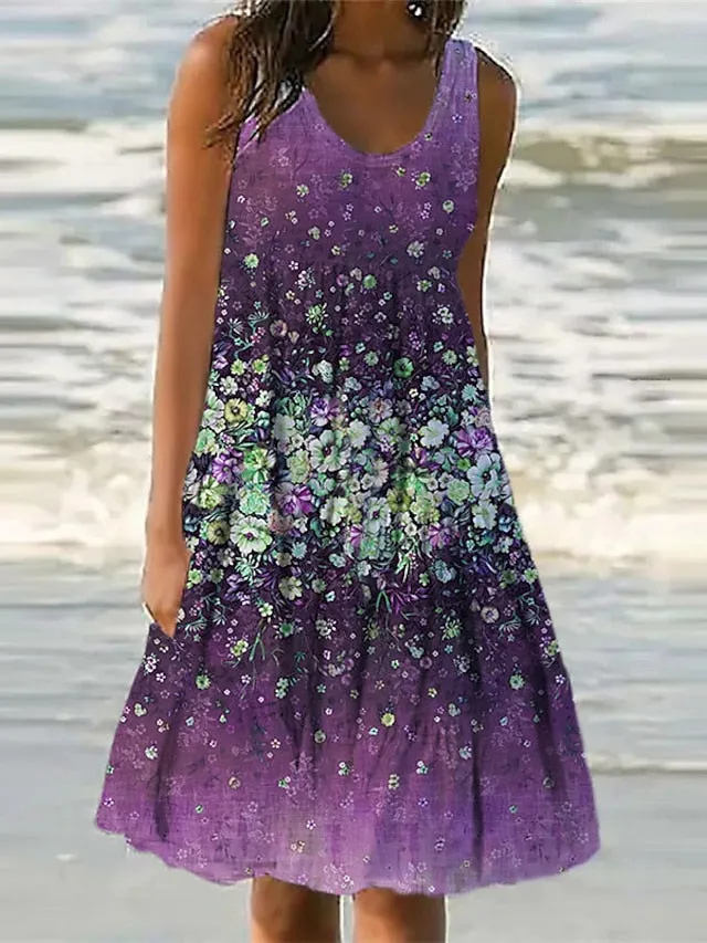 Casual Dress Shift Dress Sundress Midi Dress Yellow Wine Blue Sleeveless Floral Pocket Spring Summer U Neck Vacation  S M L XL XXL 3XL for Women