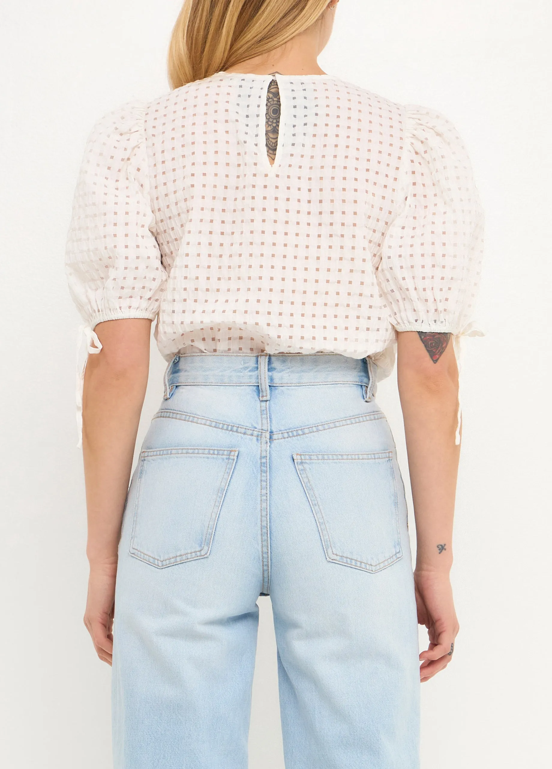 Checked White Puff Sleeve Top