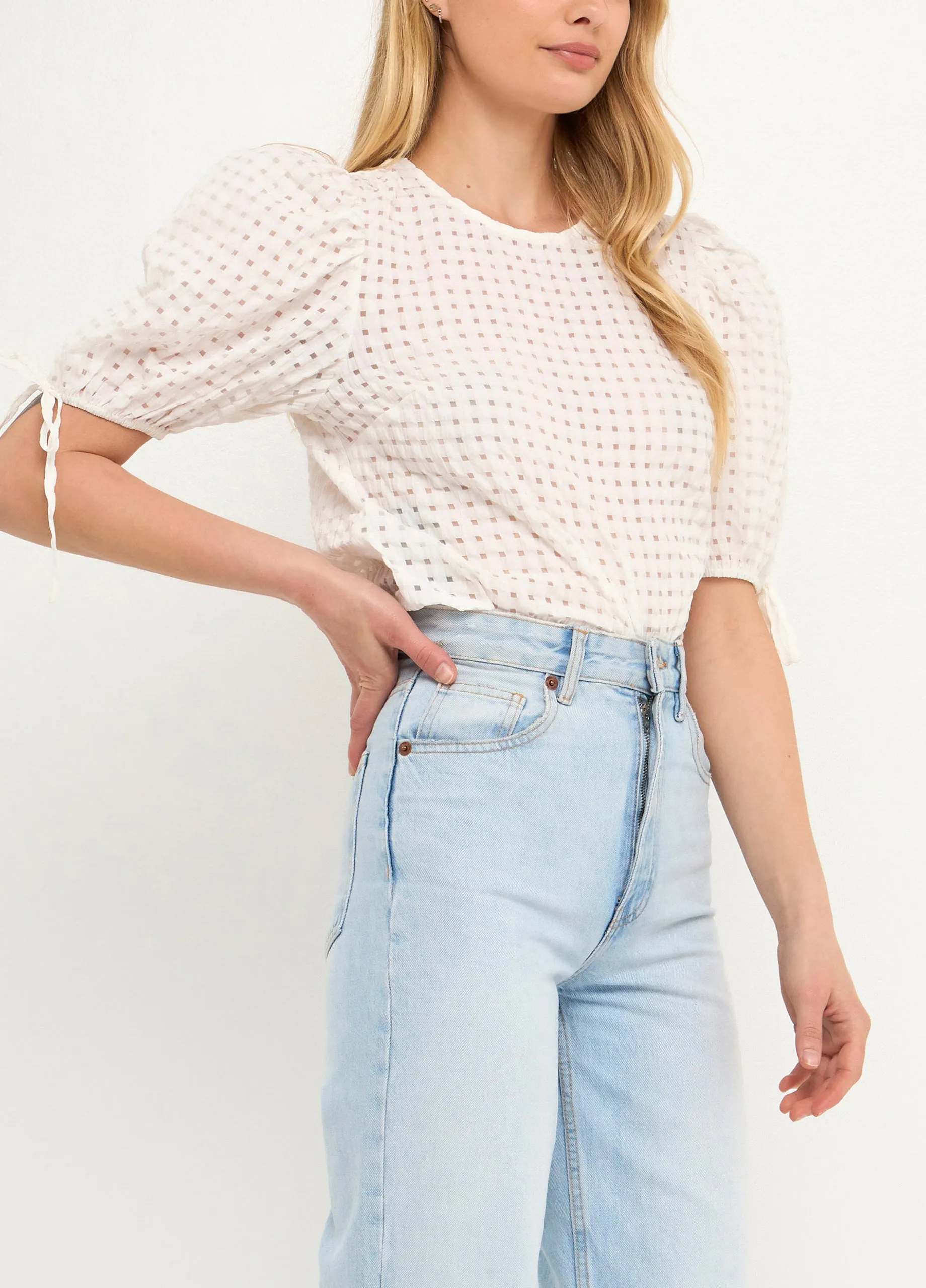 Checked White Puff Sleeve Top