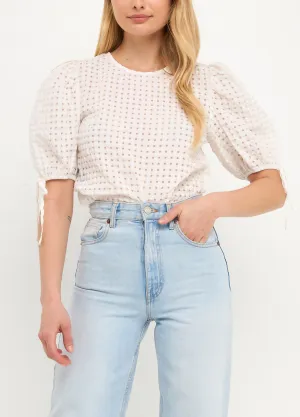 Checked White Puff Sleeve Top