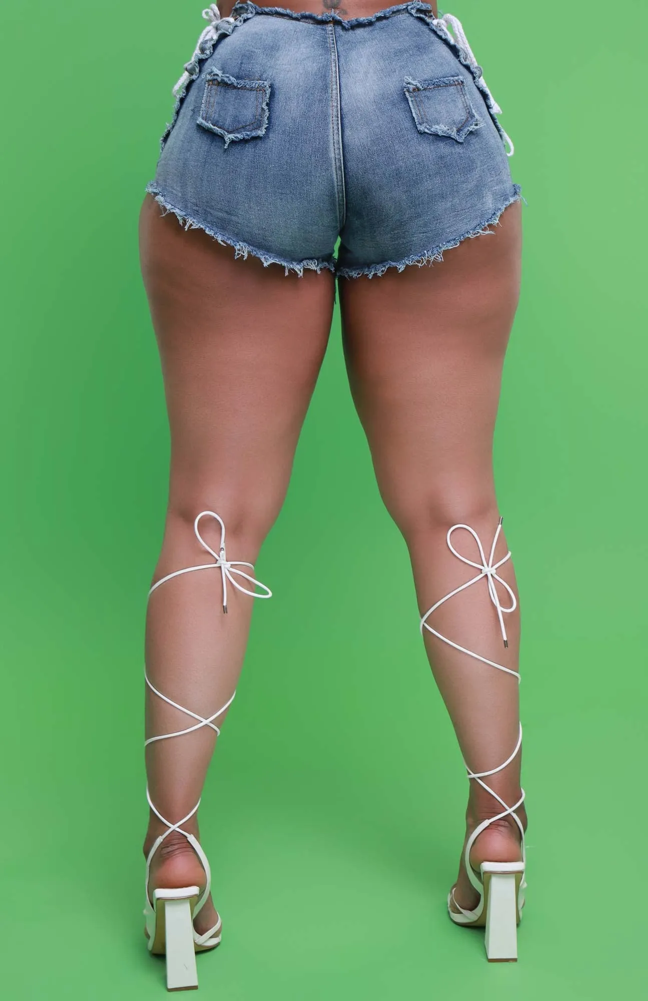 Conquer High Rise Lace Up Denim Shorts - Blue