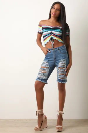 Distressed Denim High Rise Bermuda Shorts