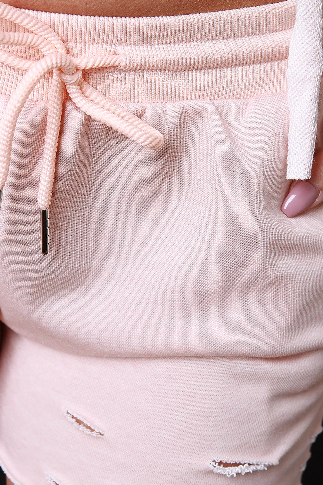 Distressed Terry Knit Drawstring Shorts