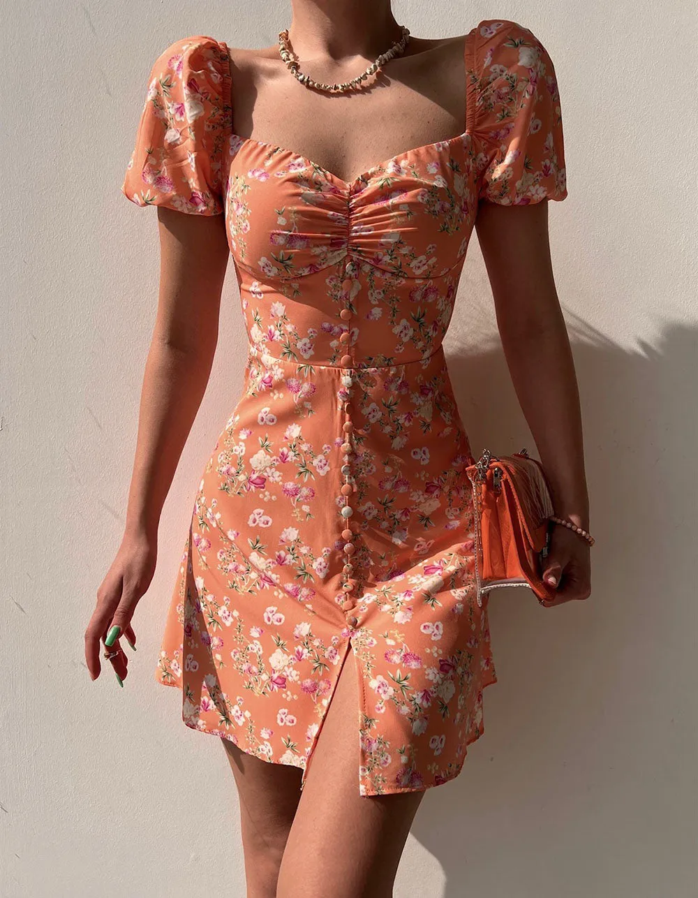 Disty Floral Print Slits V-Neck Short A Line Dresses
