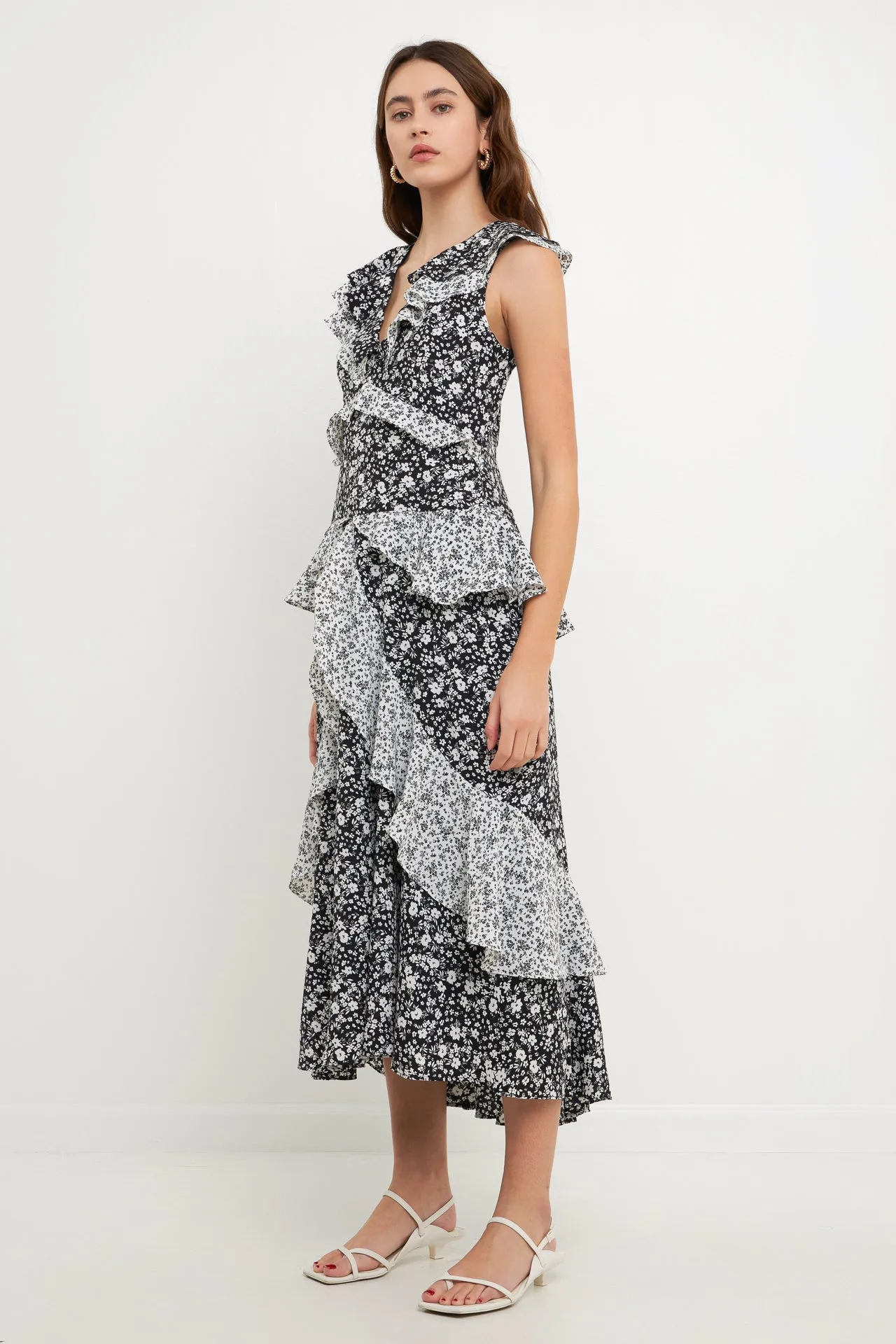 Dot Floral Contrast Midi Ruffle Dress