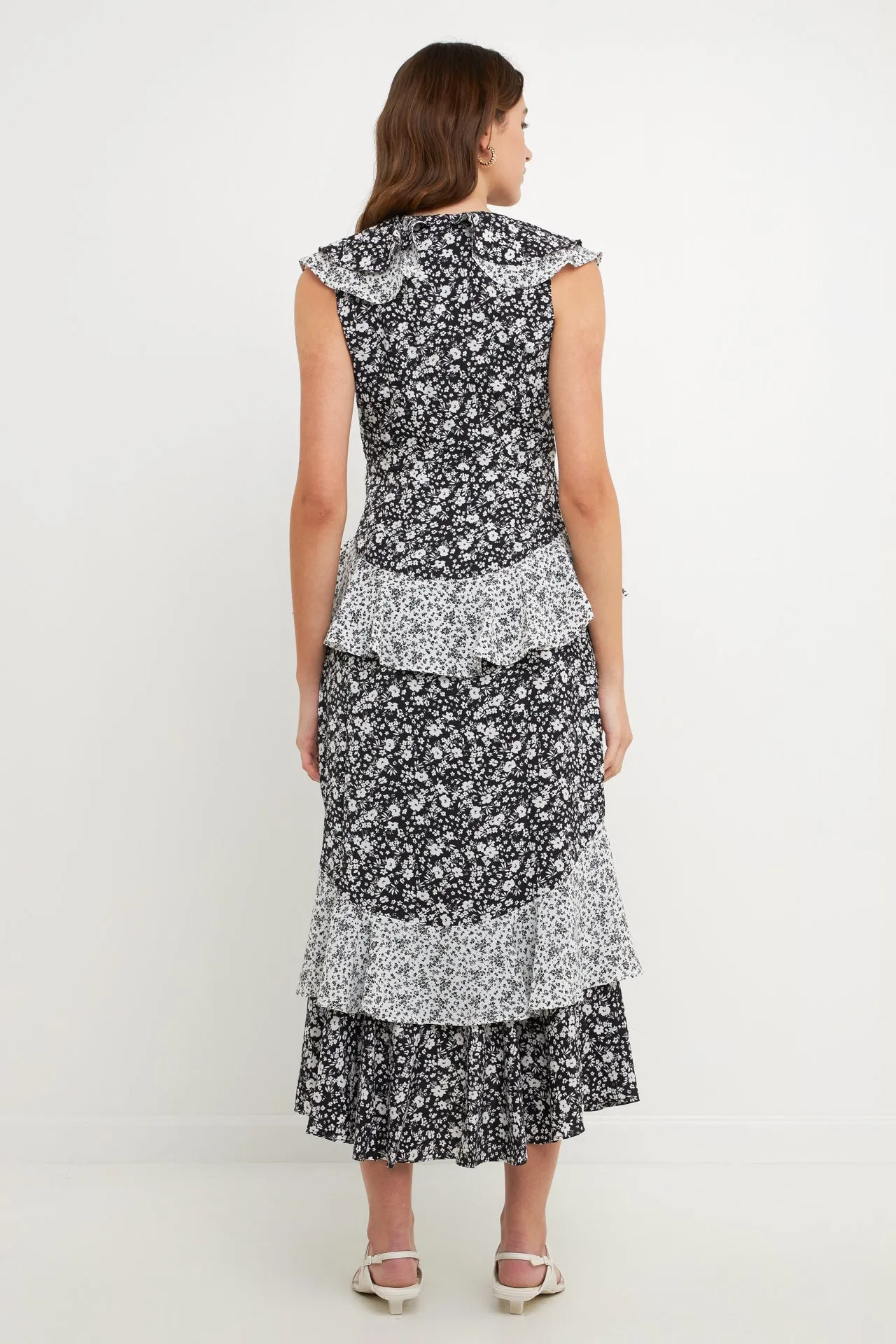 Dot Floral Contrast Midi Ruffle Dress