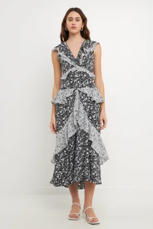 Dot Floral Contrast Midi Ruffle Dress