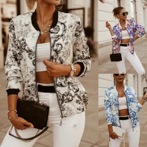 Elegant Floral Print Women's Slim Fit Bomber Jacket - Long Sleeve Zipper Coat in 4 Chic Colors