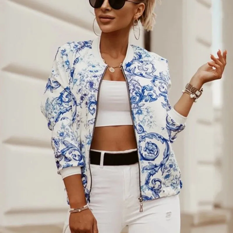 Elegant Floral Print Women's Slim Fit Bomber Jacket - Long Sleeve Zipper Coat in 4 Chic Colors