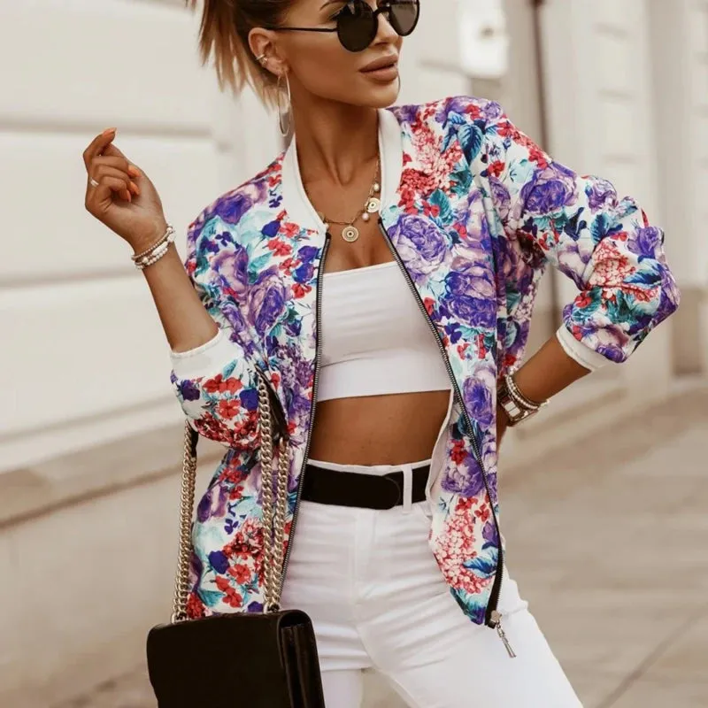 Elegant Floral Print Women's Slim Fit Bomber Jacket - Long Sleeve Zipper Coat in 4 Chic Colors