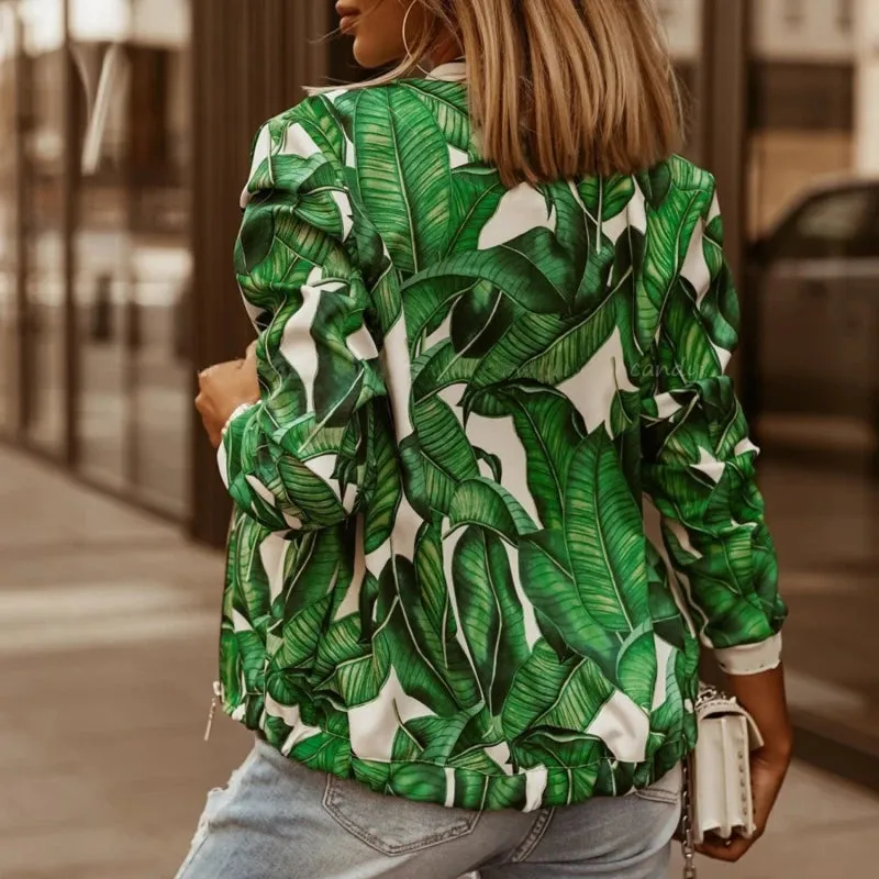 Elegant Floral Print Women's Slim Fit Bomber Jacket - Long Sleeve Zipper Coat in 4 Chic Colors