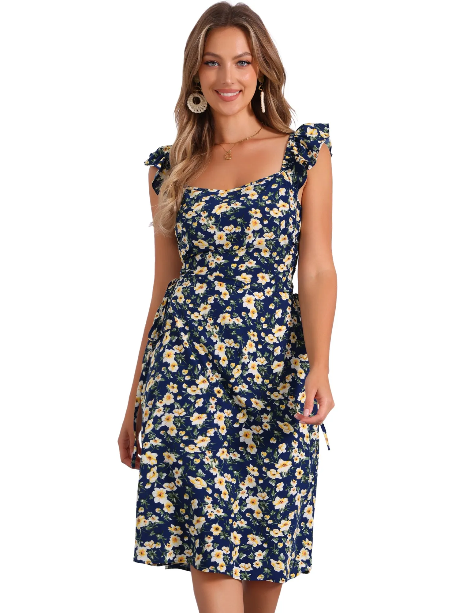 Floral Cherry Print Lace-up Square Neck Ruffle Midi Dress Sundress